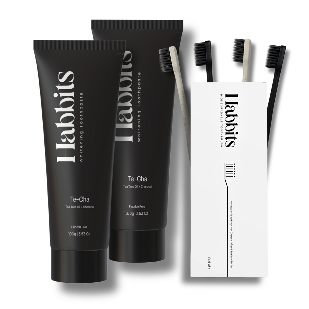 Habbits Natural Oral Care Bundle | 2 Charcoal Toothpaste (100g Each) + 4 Biodegradable Toothbrushes | Tea Tree + Activated Charcoal | Fights Plaque & Bad Breath | Natural, Vegan, Enamel-Safe Toothpaste |
