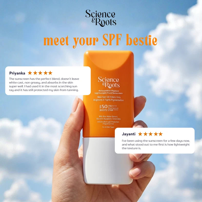Science & Roots Astaxanthin+Papaya Lightweight Fluid Sunscreen | In-Vivo Tested for SPF 50+ | Lightweight Fluid | Non-greasy | Suitable for sensitive skin | All skin types