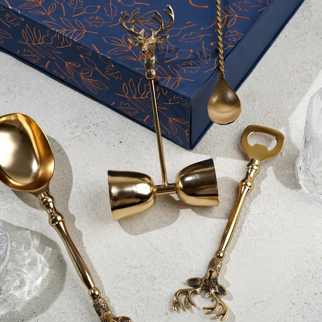 Pravaah Saarang bar set | lead-free brass | set of 4 | Gifting gold