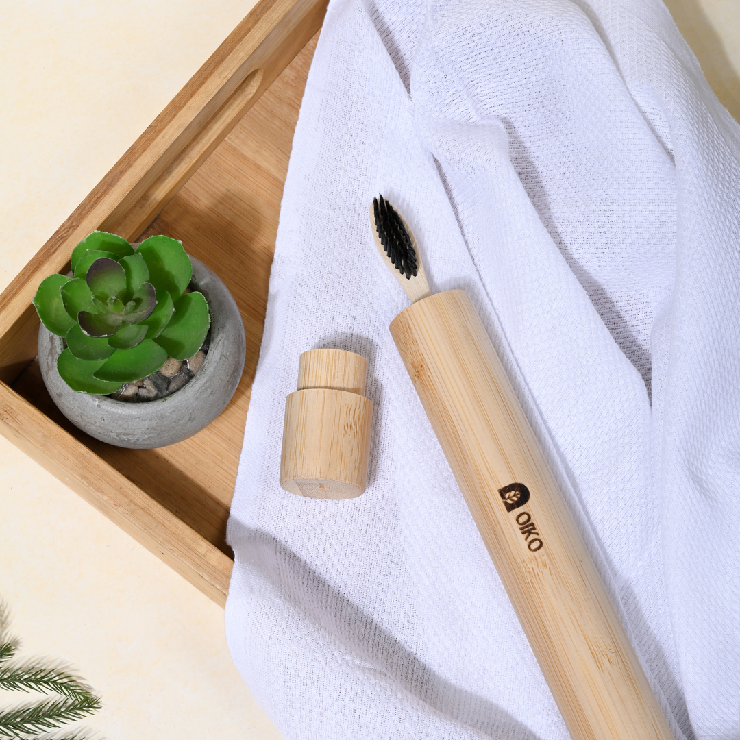 OIKO Bamboo Toothbrush Travel Tube| Brush Included |Stylish Protection On the Go