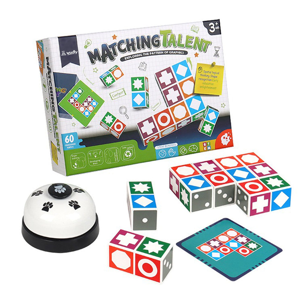 Wudly - Wooden Matching Game Puzzle 4.0 Games, Pattern Block Match Puzzles Building Cubes with Bell for Kids and Adults Toys Board Games for Family, 4+ years Kids, Multi Colors, Child Safe Certified