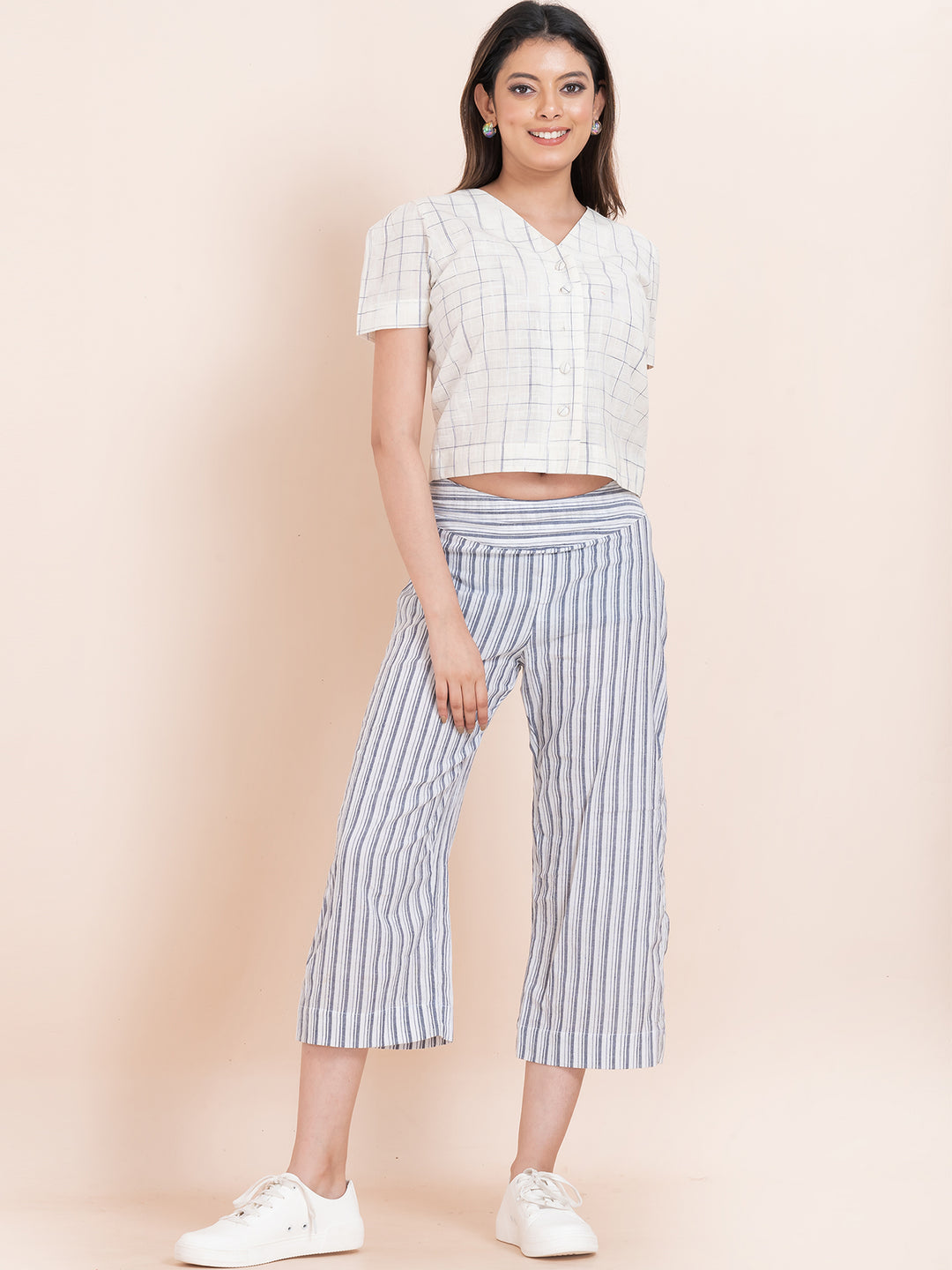 OCAU Basic Striped Wide Leg Cropped Pant - White and Blue Striped