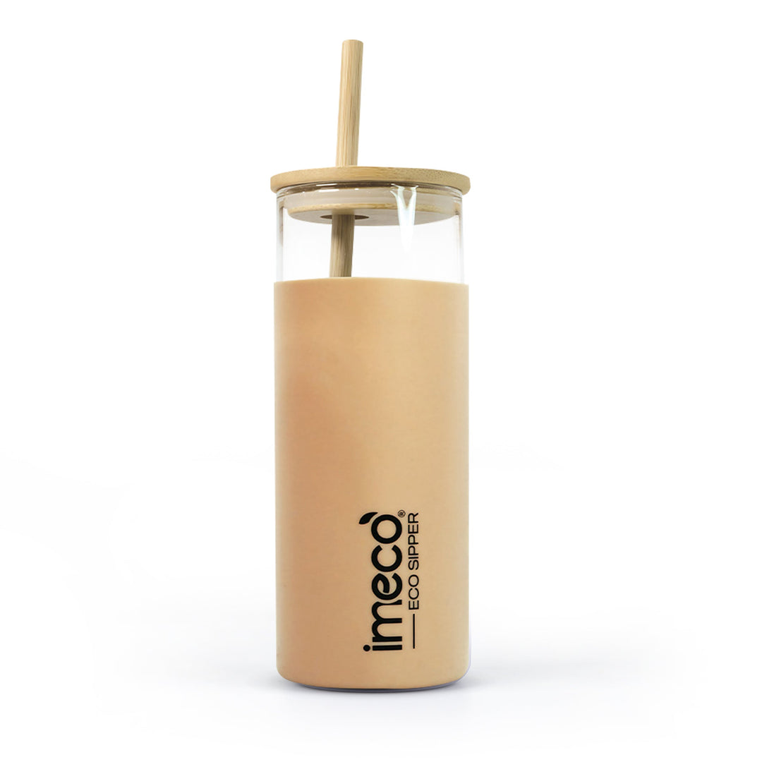 IMECO ECO-SIPPER Glass Sipper Bottle with Stylish Bamboo Lid & Straw - Leak & Sweat Proof 450 ml
