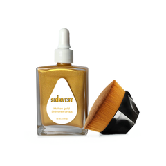 Skinvest Molten Gold Shimmer Body Oil Drops with Micro-Fine Champagne Shimmer & 10 Botanical Oils | Transfer Proof Glow, Deep Hydration, Non-Greasy | Free Luxe Buff Body Brush | 50ml
