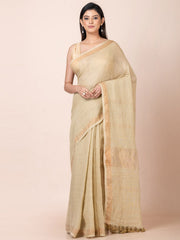 OCAU Desert Bloom - Pure Linen Solid Saree With Zari Border Without Blouse Piece l Tan