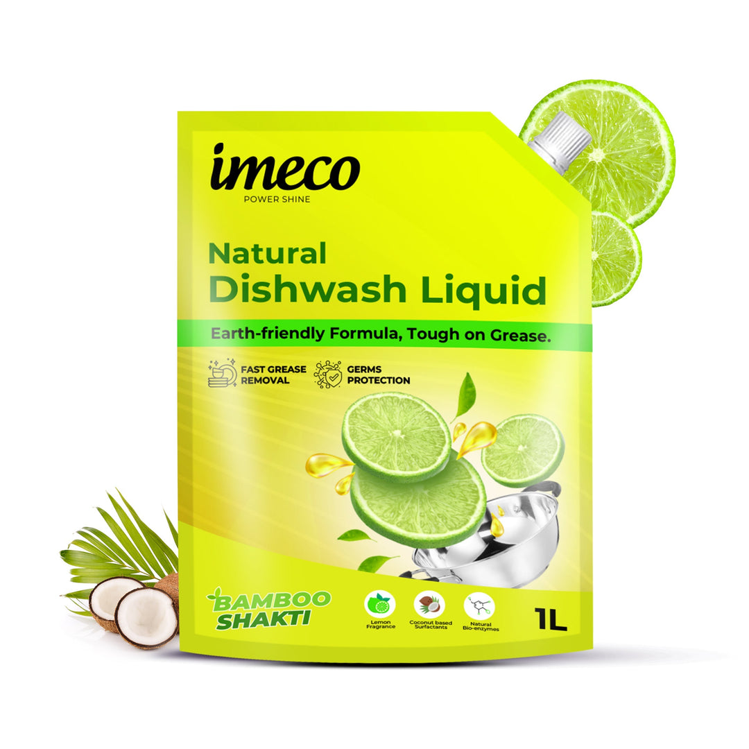 IMECO Bamboo Shakti Dishwash Liquid 1 Liter (Pouch) - Lemon Fragrance & Coconut-Based Surfactants With Natural Enzymes - Safe on Hands