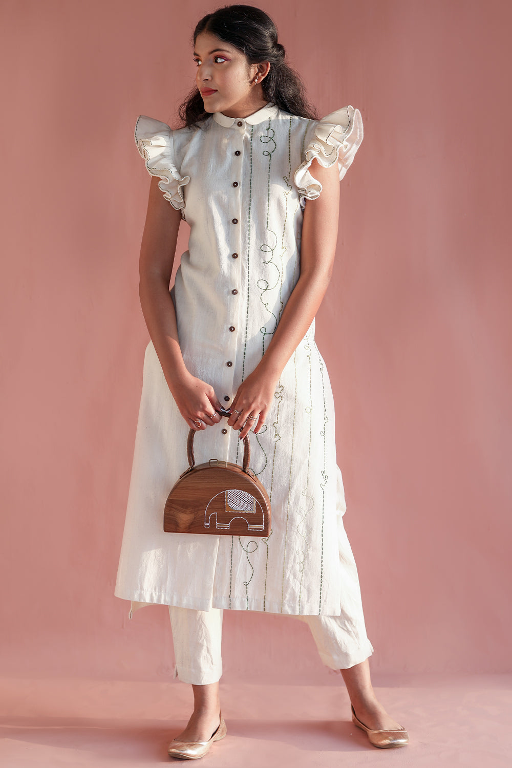 ITIDOR Turtledove Kurti -  Hand Embroided, Ruffled Sleeves
