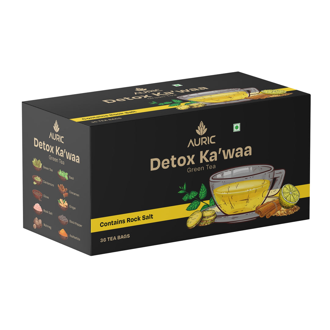 Auric Desi Kahwa Green Tea | 8 Real Ayurvedic Herbs & Rock Salt | 100% Natural, Non-GMO | Immunity Booster | Improves Digestion | Individually Wrapped 36 Tea Bags