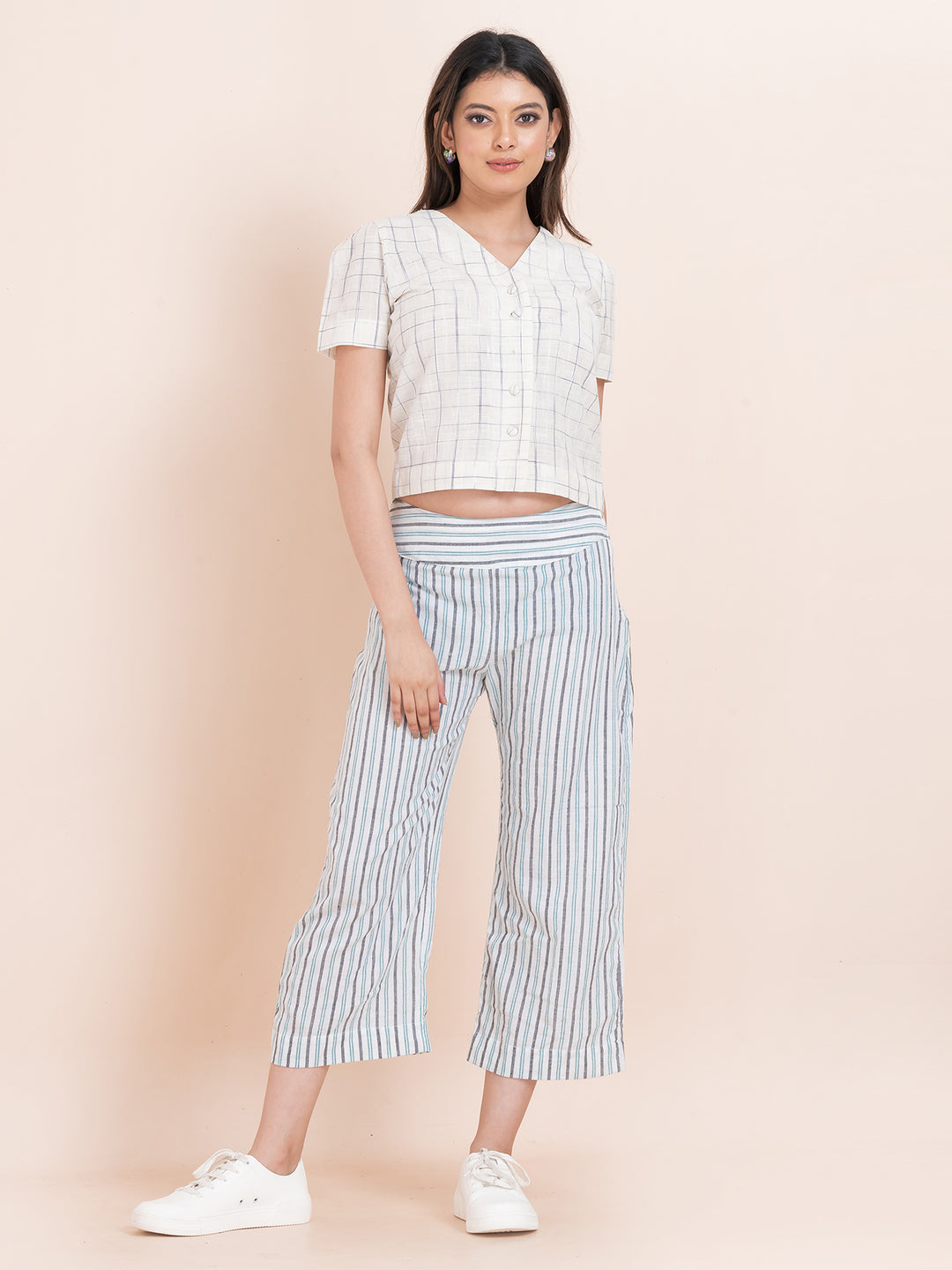 OCAU Basic Striped Wide Leg Cropped Pant - White Striped
