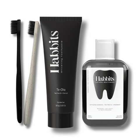 Habbits Oral Care Bundle | Charcoal Toothpaste (100g) + Charcoal Mouthwash (250ml) + 2 Biodegradable Toothbrushes | Natural Whitening | Vegan | SLS-Free | Tea Tree & Spearmint | Fights Plaque & Bad Breath