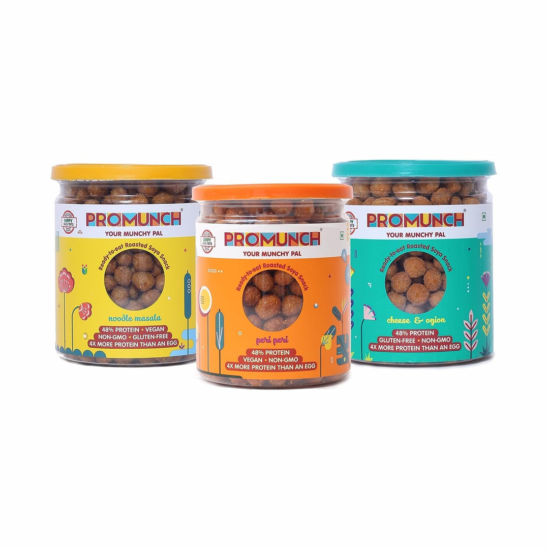 Flavoured Noodle Masala Soya Chunks - High Protein & Delicious	Peri Peri Soya Snack - High Protein, Perfect for Weight Loss Cheese & Onion Soya Snack - Delicious, Nutritious, and Full of Protein