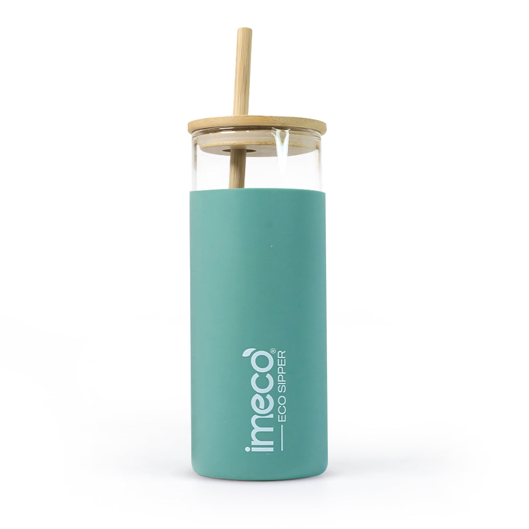 IMECO ECO-SIPPER Glass Sipper Bottle with Stylish Bamboo Lid & Straw - Leak & Sweat Proof 450 ml