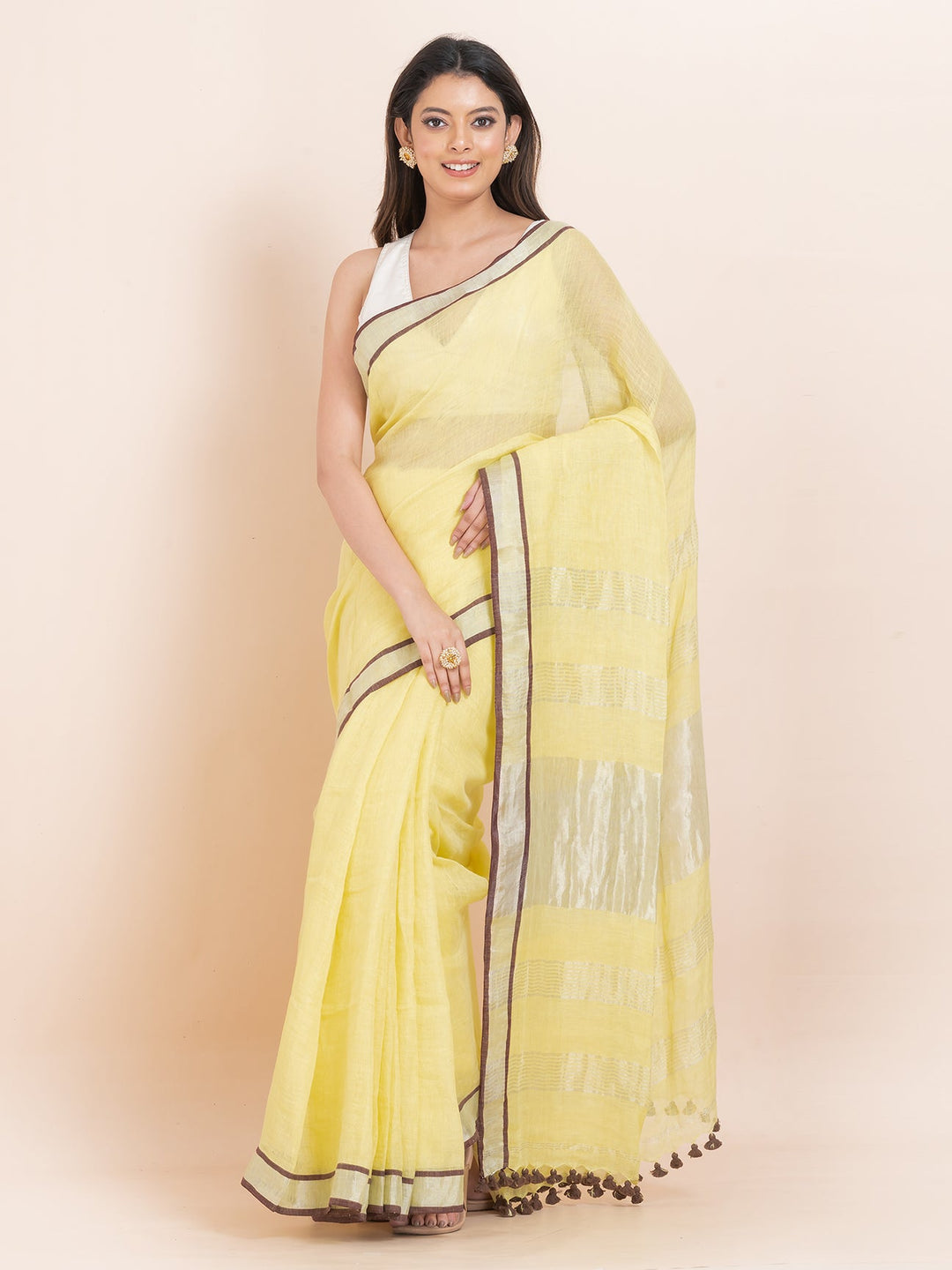 OCAU Saffron Kiss - Pure Linen Solid Saree With Contrast Border Without Blouse Piece l Golden Ochre
