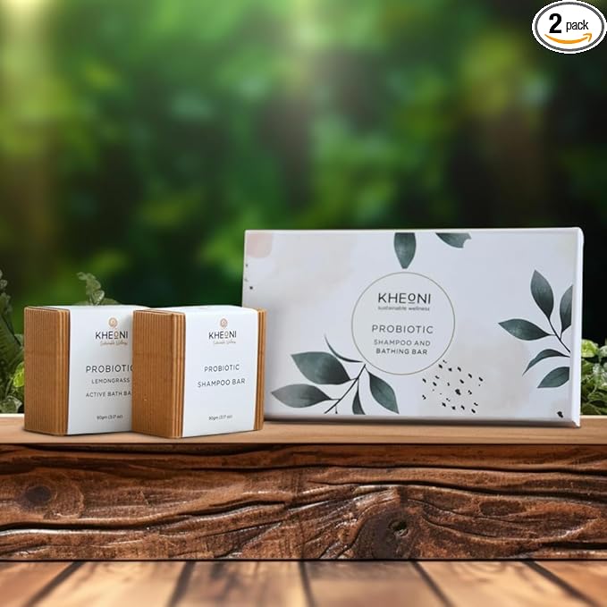 Kheoni Probiotic Lemongrass Active Bathing Bar and Shampoo Bar Soaps Combo Set | Natural Eco-Friendly, Chemical-Free Soap Deep Conditioning, Soft, Silky & Healthy Hair | Oil Control Deep Cleansing
