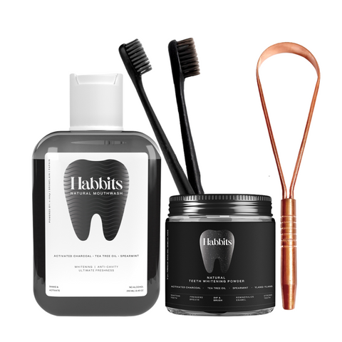 Habbits Natural Oral Care Bundle | Charcoal Mouthwash + Teeth Whitening Powder + Copper Tongue Cleaner + 2 Biodegradable Toothbrushes | FDA Certified | Pack of 4