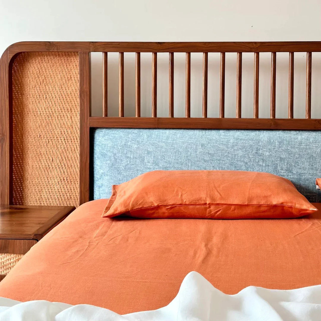 Pravaah Rust Orange Hemp Bedsheet Set | Herringbone Weave - Sawera