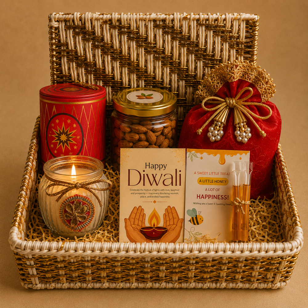 Ruby Glow Golden & White Festive Gift Basket | Diwali Hamper with Dry Fruits & Candle