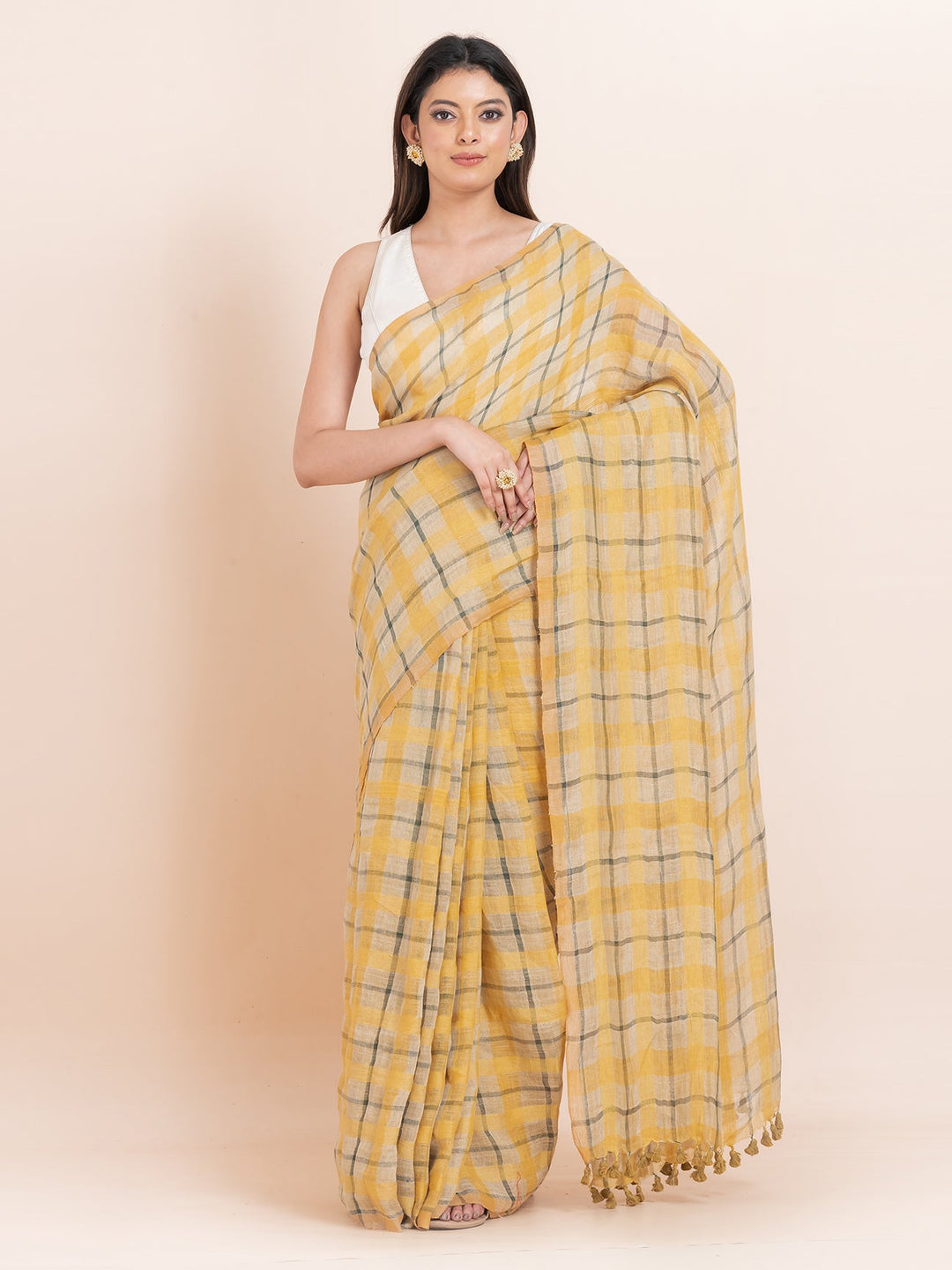 OCAU Caramel Bliss - Pure Linen Checkered Saree With Blouse Piece l Tan