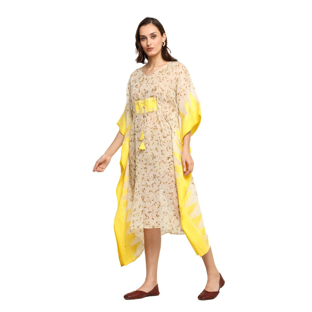 Bageeya “Meghna Natural Dyed Handcrafted Handwoven Tant Cotton Cocktail dress | Crafted with Templw Flower Marigold