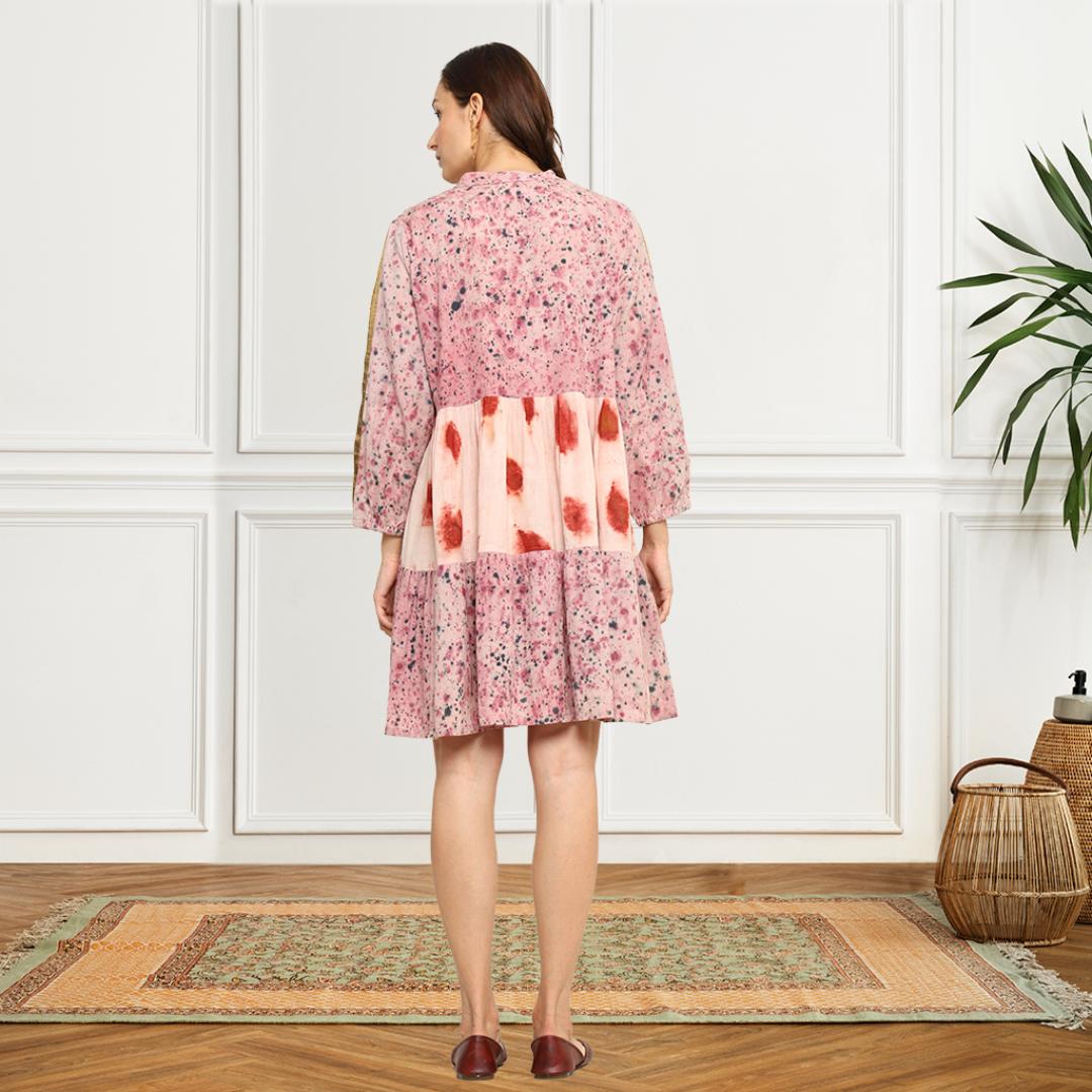 Bageeya “Comet” Natural Dyed Handwoven Organic Cotton Tiered Dress | Crafted with Lac and beel patra infused in manjishta and detailed with Gold zari