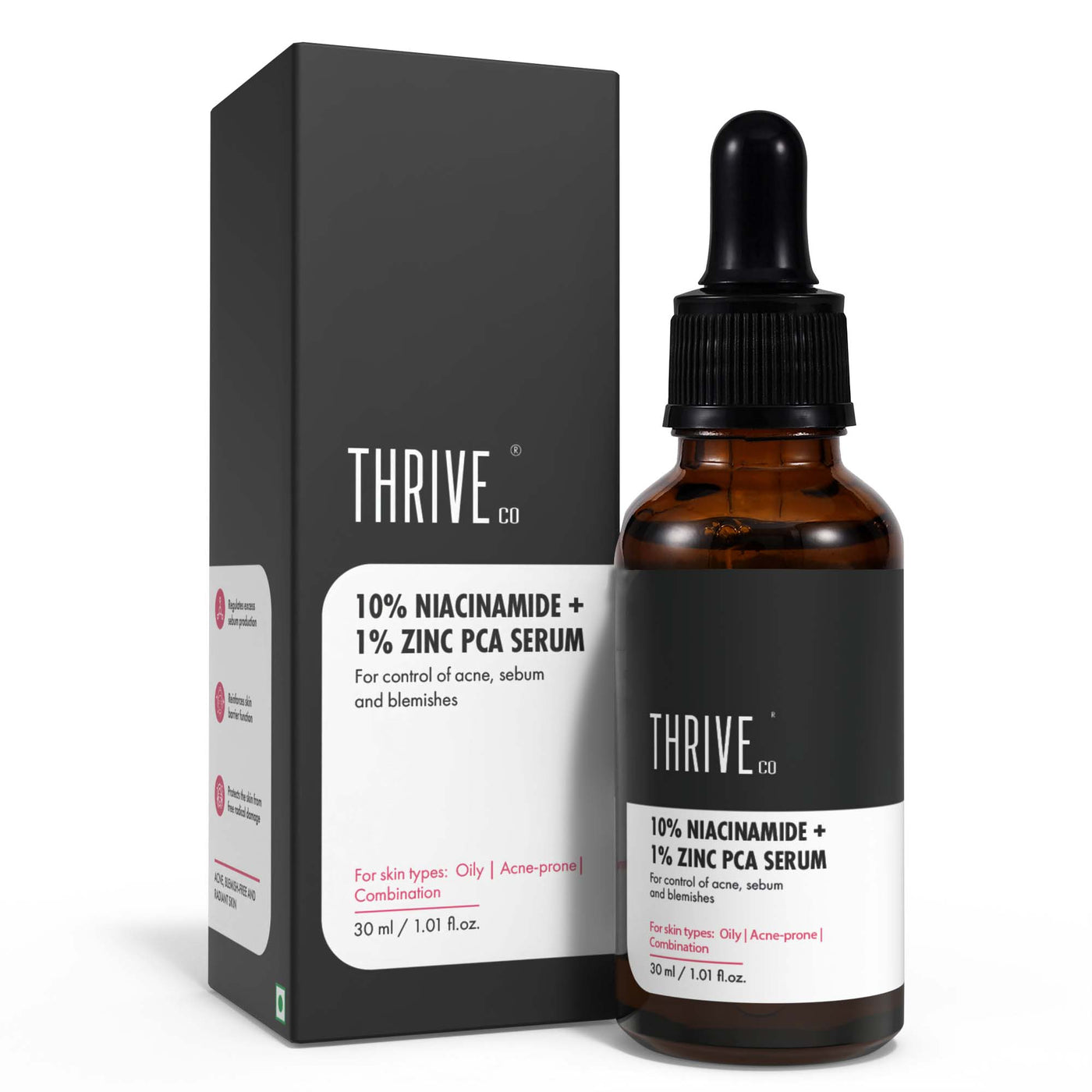 Thriveco 10% Niacinamide + 1% Zinc Pca Serum | Helps in reduction of acne, sebum and blemishes | Skin Type Oily, acne prone and Combination | Men & Women | Vegan & cruelty-free | 30ml