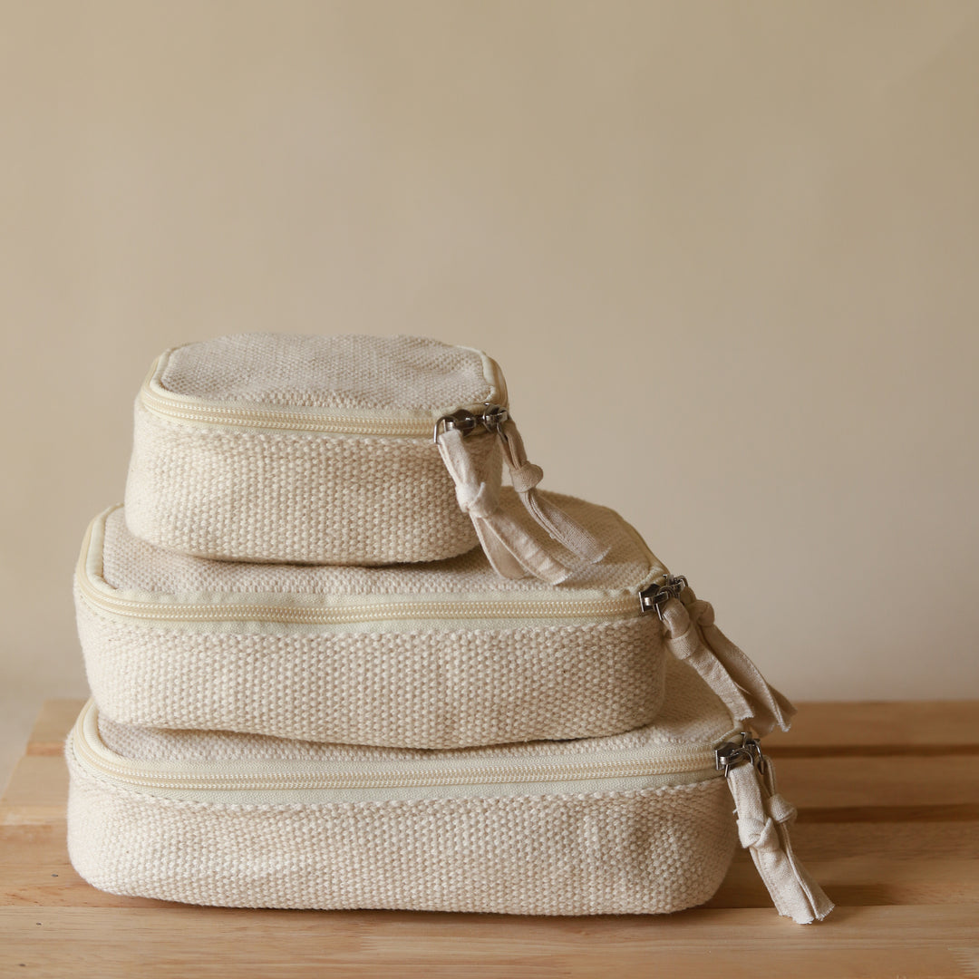 Akiiko Woven Cotton Box Pouches | Full Zip Opening | Set of 3