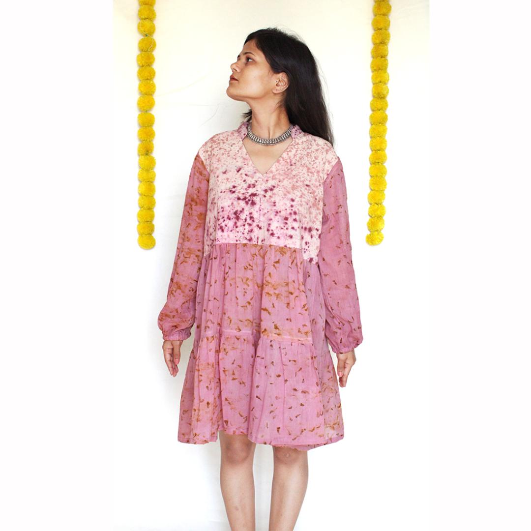 Bageeya “Aoi” Natural Dyed Pure Mul Tiered Dress | Crafted with Lac, Marigold and Detailed with Lace