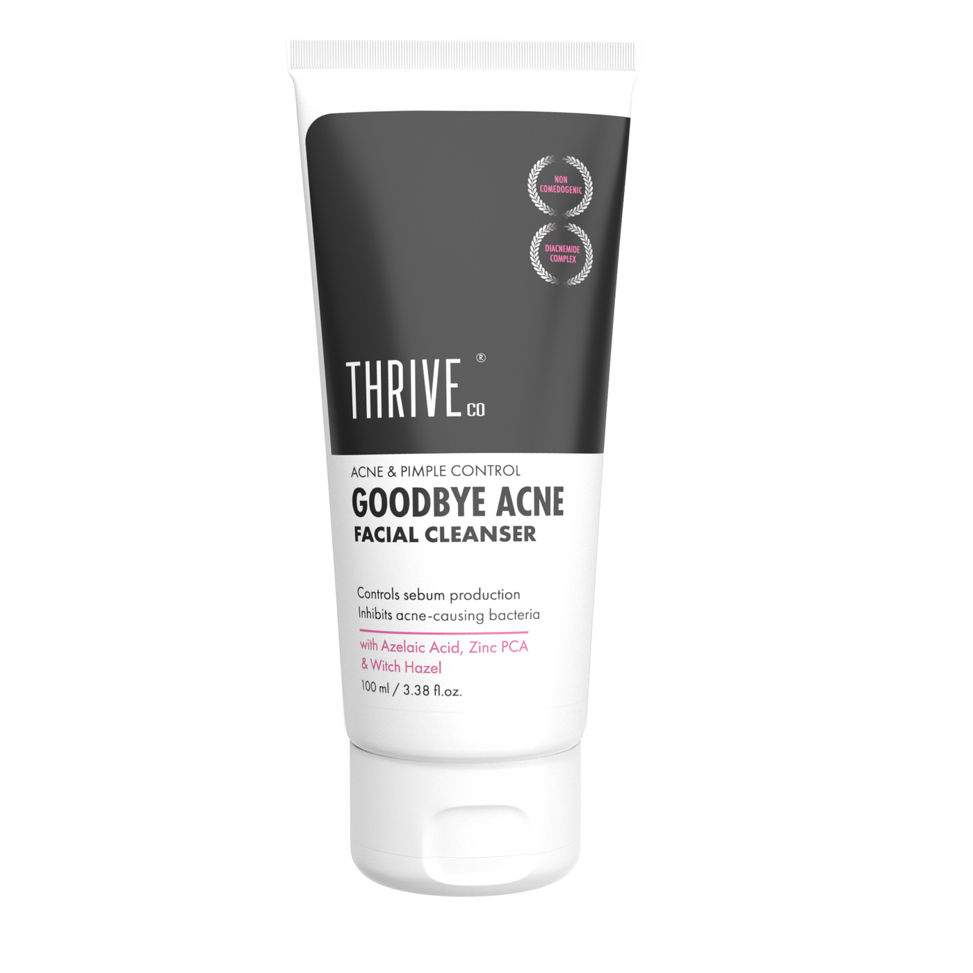 ThriveCo Goodbye Acne Facial Cleanser | Reduces Acne-Causing Bacteria & Sebum Production | Non-Comedogenic Anti Acne Face Wash for Pimples with DiacnemideTM, Azelaic Acid, Zinc PCA & Witch Hazel | For Women & Men | 100ml