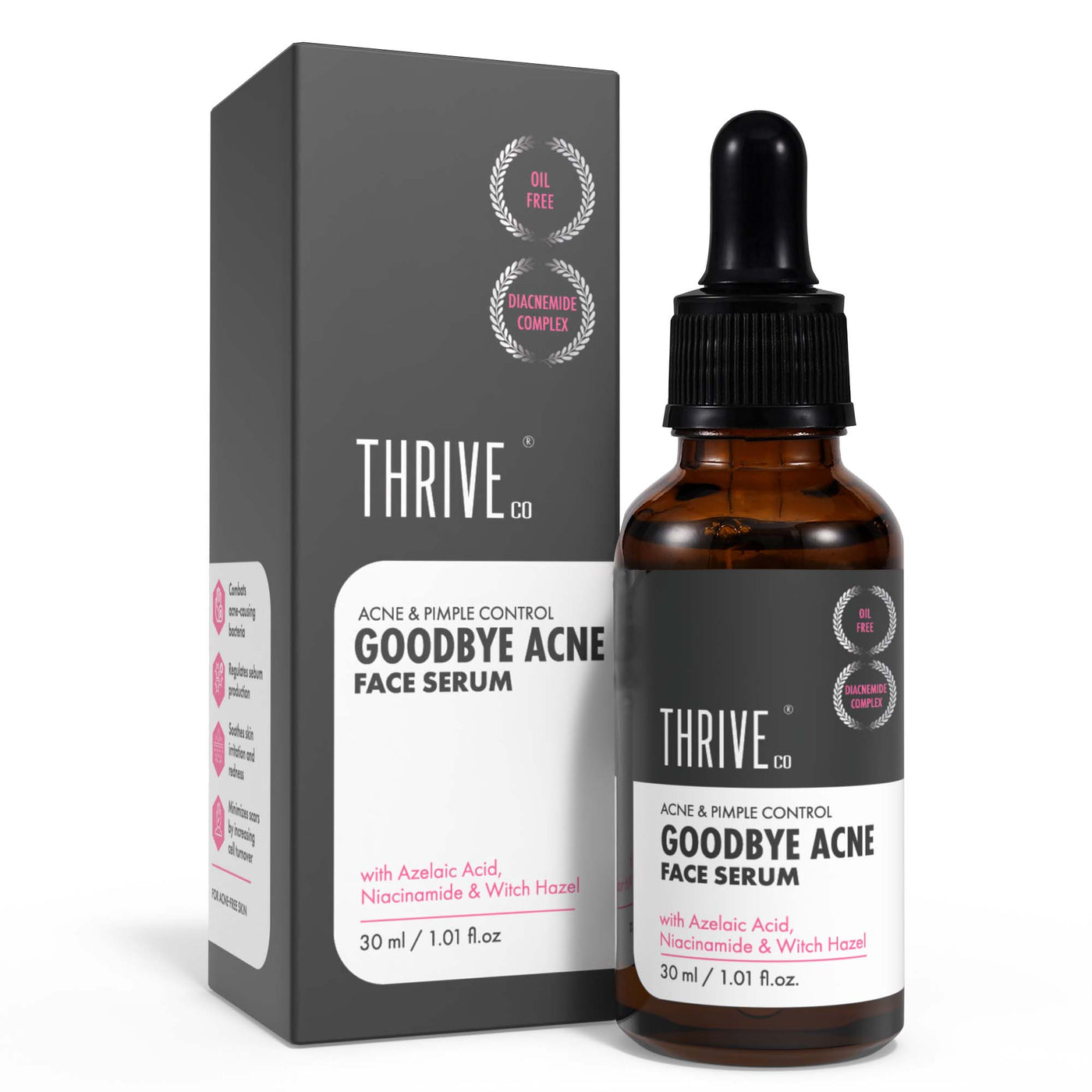 ThriveCo Goodbye Acne Face Serum for Pimples | Reduces Acne-Causing Bacteria & Sebum Production | Oil-Free Anti-Acne Serum with DiacnemideTM, Azelaic Acid, Niacinamide & Witch Hazel | For Women & Men | 30ml