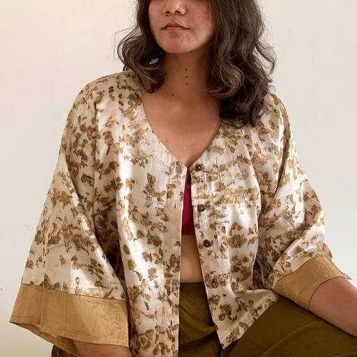 Bageeya “Haraa Gulab” Natural Dyed Handwoven Mashru Crop Shirt| Crafted with Roses and detailed with Gold Zari cuff