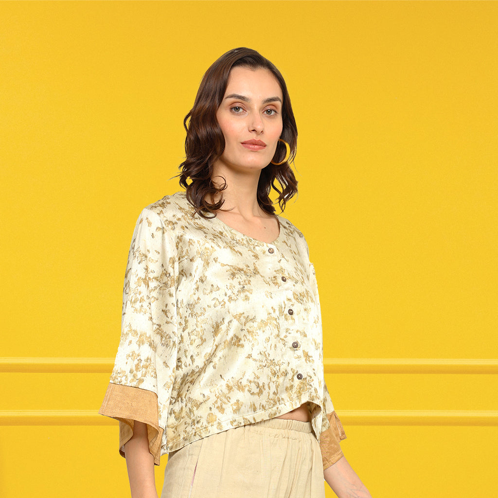Bageeya “Bageeya Pankhudi ” Natural Dyed Handwoven Mashru Crop Shirt| Crafted with Roses and detailed with Gold Zari cuff