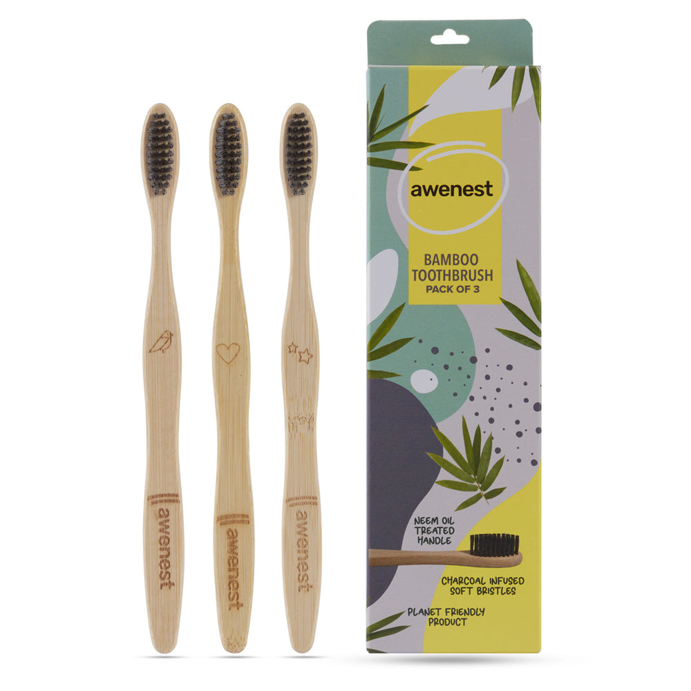 Awenest Bamboo Toothbrush | Charcoal Soft Bristles, Neem Oil Coated | Pack of 3