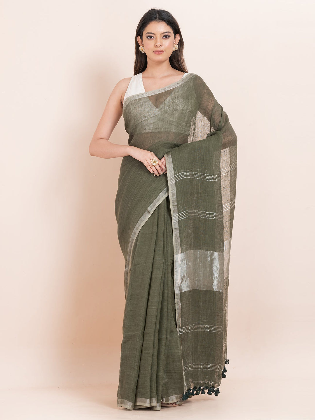 OCAU Forest Wishpers - Pure Linen Solid Saree With Contrast Border Without Blouse Piece l Avocado