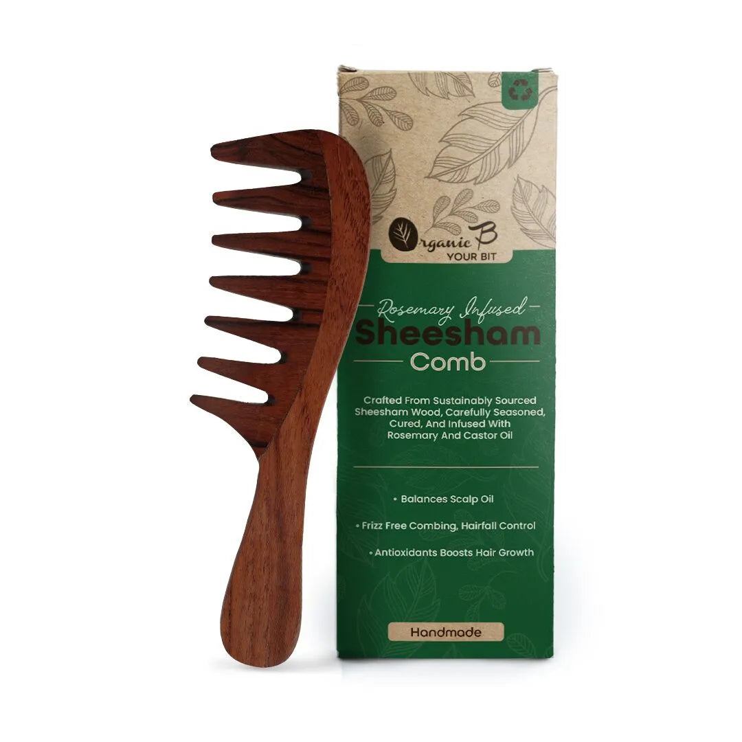 Organic B Indian Rosewood Curve Handle Extra Wide Tooth Comb |Rosemary Infused