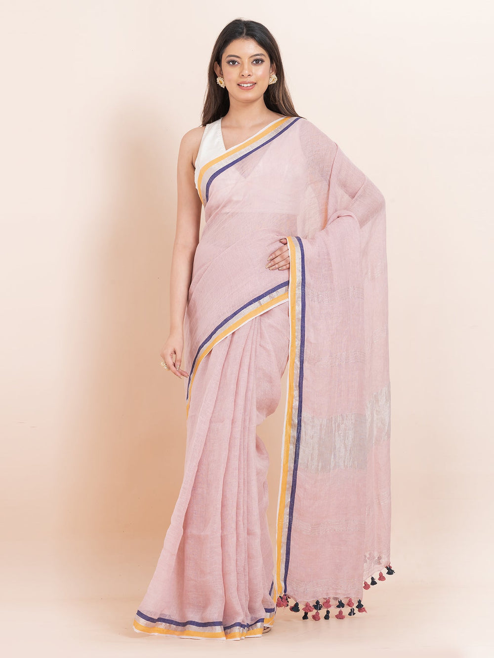 OCAU Rosy Bliss - Pure Linen Solid Saree With Contrast Border Without Blouse Piece l Rose Pink