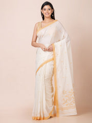 OCAU Vanilla Charm - Pure Cotton Saree With Jamdani Motifs Without Blouse Piece l Off - white