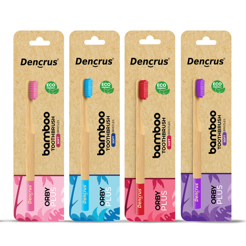 Dencrus Orby Plus Bamboo Toothbrush - Red, Pink, Lavender & Blue (Pack of 4)