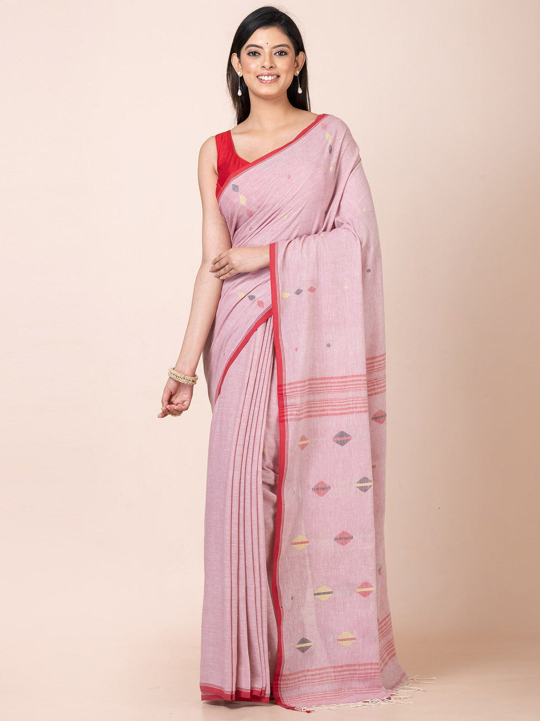 OCAU Gulabi Noor - Pure Cotton Saree With Jamdani Motifs Without Blouse Piece II Dusty Pink