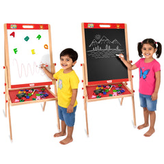 Wudly Kids Wooden Drawing Board, Double-Sided Chalkboard and Whiteboard, Educational Art Stand with Storage Tray