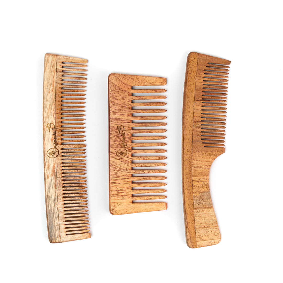 Organic B Neem Comb Set |3 Pcs |Dual + Handle + Wide Teeth