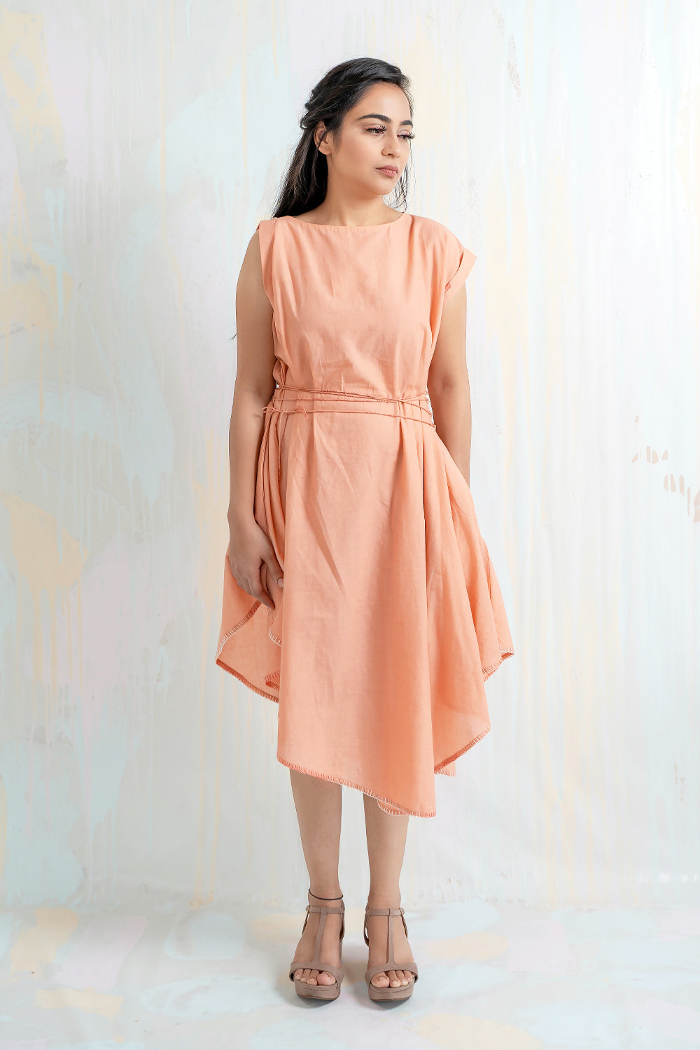 ITIDOR Peonni Asymmetric Dress - Uneven Rolled Up Sleeve, Threadwork