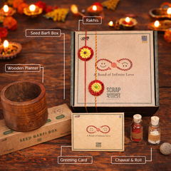 Akkad-Bakkad Grow Rakhi Box | Set of 2 plantable rakhi | Wooden planter | Planting material | Roli-Chawal | Seed ball | Greeting card | Handmade in Banaras