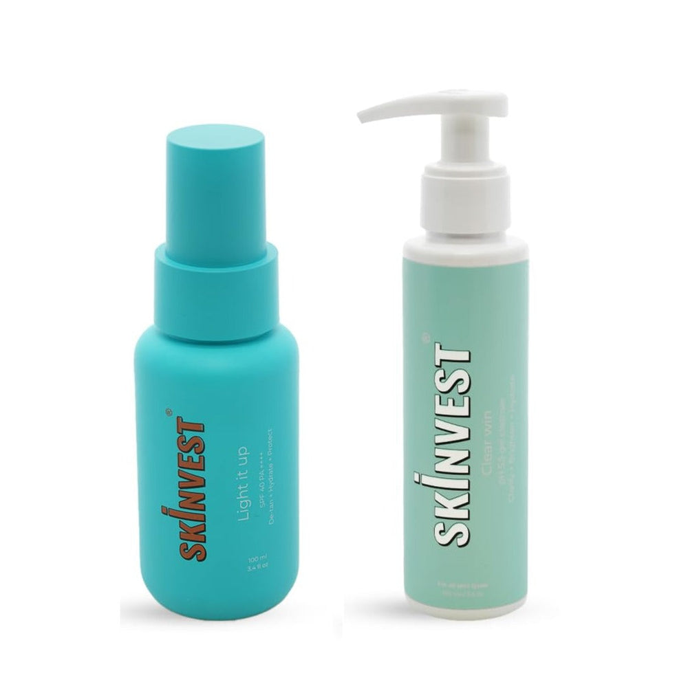 Skinvest Clear Win 100ml Face Gel Cleanser, Clarifies, Brightens & Hydrates Skin, Removes Dirt & Makeup, 100ml Light it up SPF 40 PA ++++ Body Mist Spray De-tan, Hydrate, Protect & Brightens Skin Tone