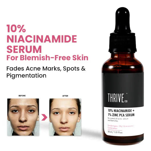 Thriveco 10% Niacinamide + 1% Zinc Pca Serum | Helps in Reduction of Acne, Sebum and Blemishes | Skin Type Oily, Acne Prone and Combination | Men & Women | 30ml