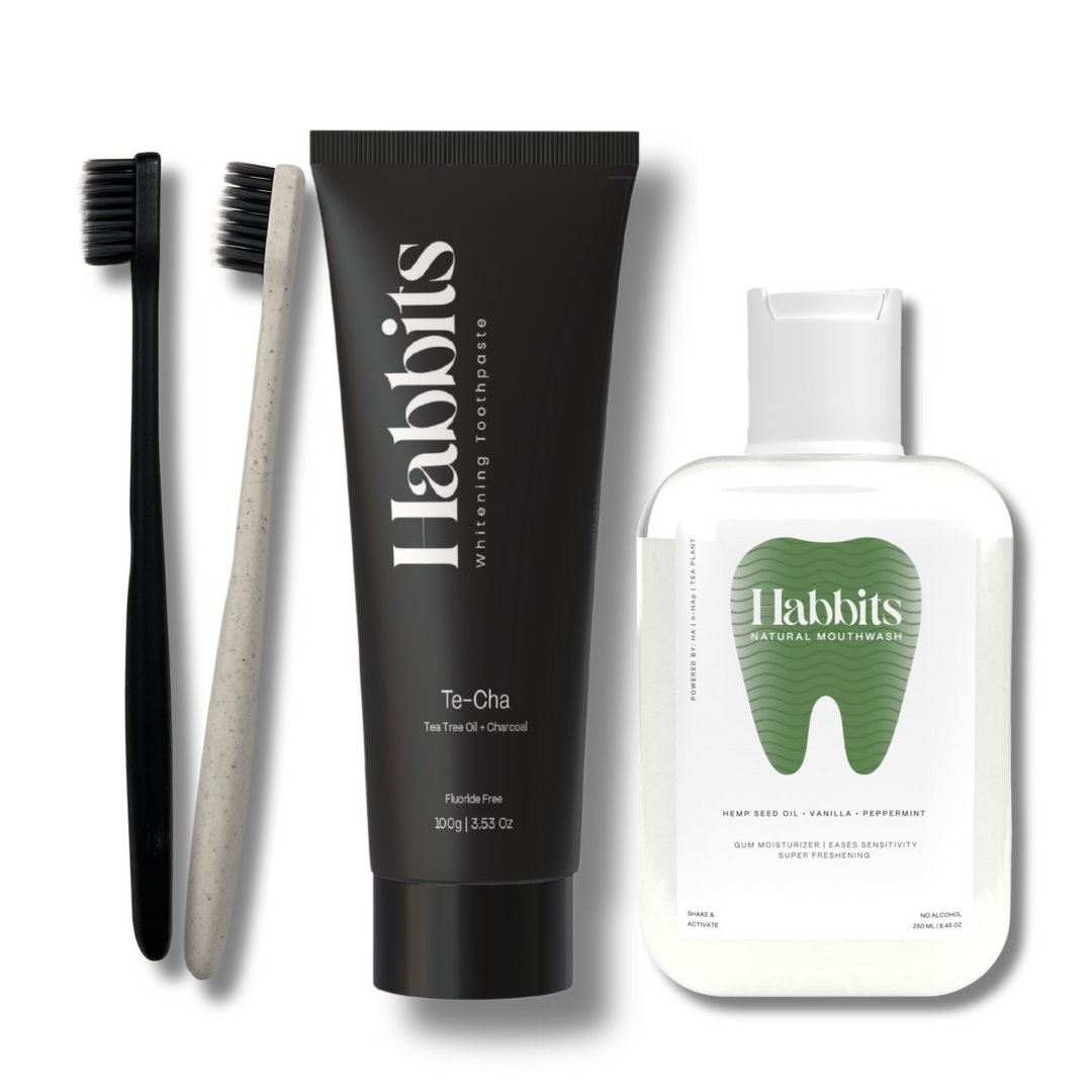 Habbits Oral Care Bundle | Charcoal Toothpaste (100g) + Charcoal Mouthwash (250ml) + 2 Biodegradable Toothbrushes | Natural Whitening | Vegan | SLS-Free | Tea Tree & Spearmint | Fights Plaque & Bad Breath