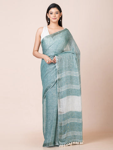 OCAU Ocean Mist - Pure Linen Solid Saree With Zari Border Without Blouse Piece l Teal