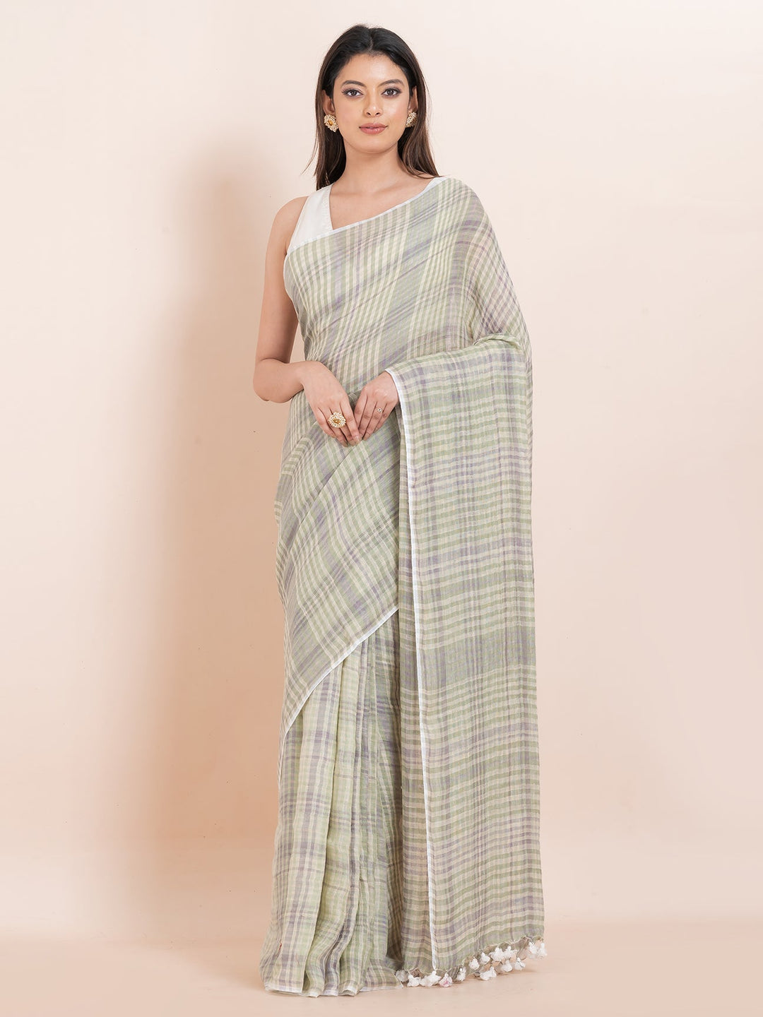 OCAU Silver Cascade - Pure Linen Striped Saree With Blouse Piece  l Grey