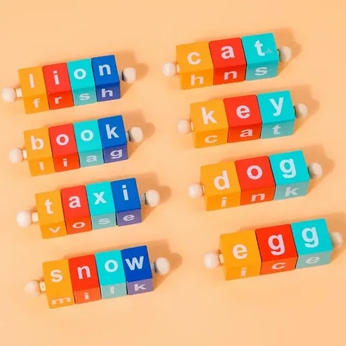Wudly - Wooden Spelling Words Game , Spinning Wooden Phonics Toys, Spelling and Reading Blocks, Spelling Games, Alphabet Wordcraft Toy with CVC Flashcards, Educational Toys For 3+ Years Kids, Multi Colors, Child Safe Certified
