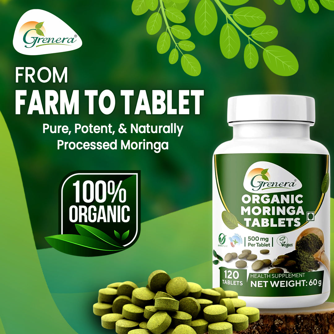 Grenera Organic Moringa Tablets 120 nos, Drumstick Leaf Powder Tablets, Super-Food Shigru, Vegan, Gluten Free, Non GMO