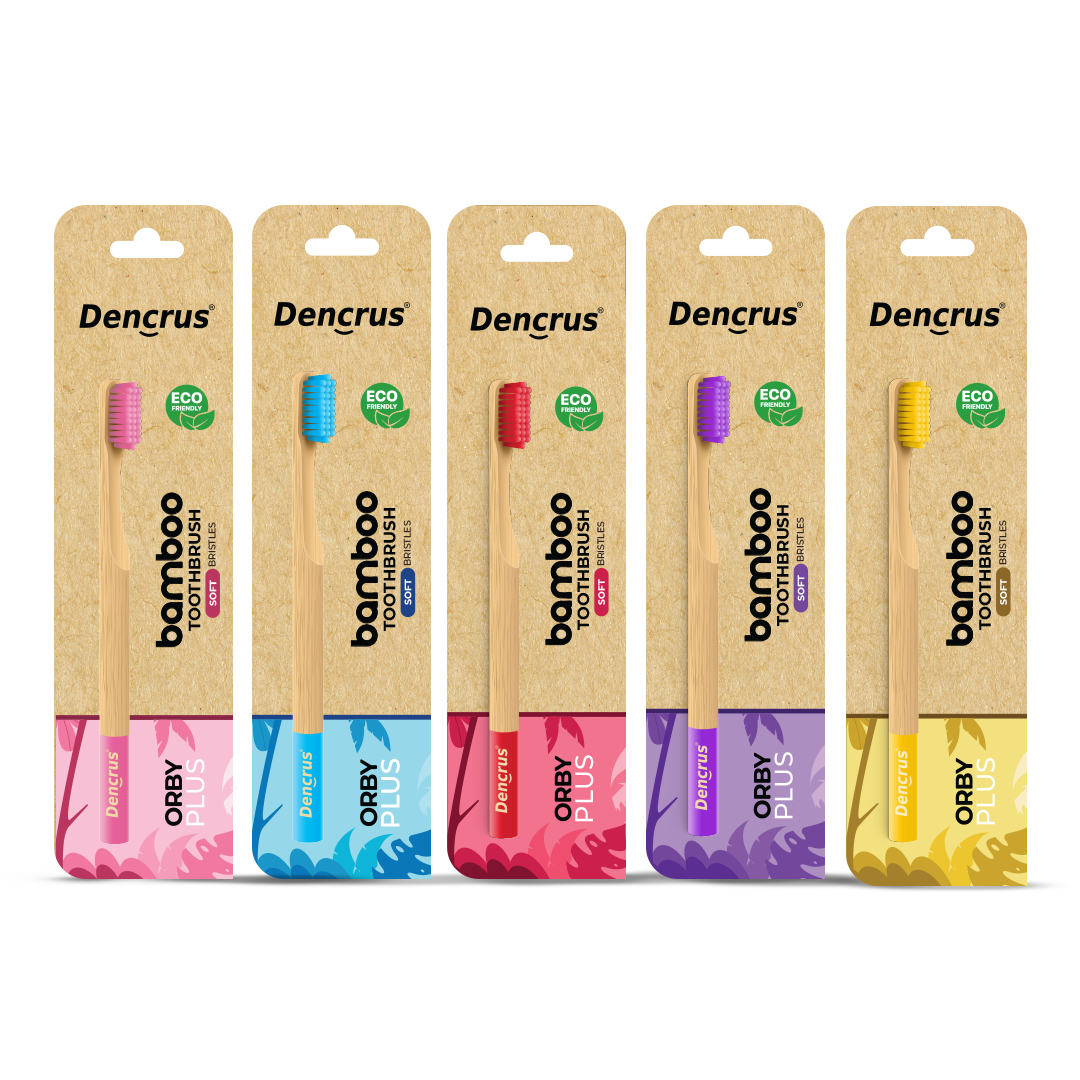 Dencrus Orby Plus Bamboo Toothbrush - Yellow, Red, Pink, Lavender & Blue (Pack of 5)